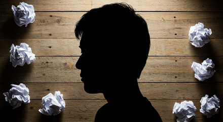 Frustrated person surrounded by crumpled paper ideas on rustic wooden desk represents writer's block