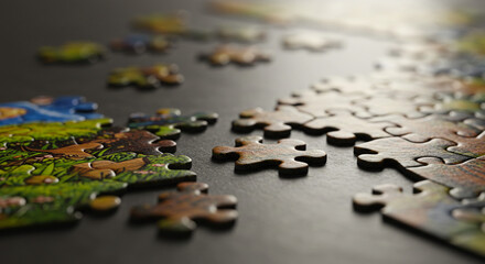 Intricate puzzle pieces scattered, evoking challenge, completion, and problem-solving in a focused, artistic scene
