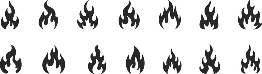 Fire flame icons, black silhouette fire symbols, burning flame icons, heat icons, energy flame silhouettes, hot fire clipart, fire illustration icons