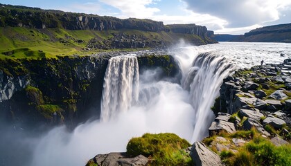 Fototapeta premium Powerful cascade of water plunging into gorge, surrounded by green hills and rugged terrain