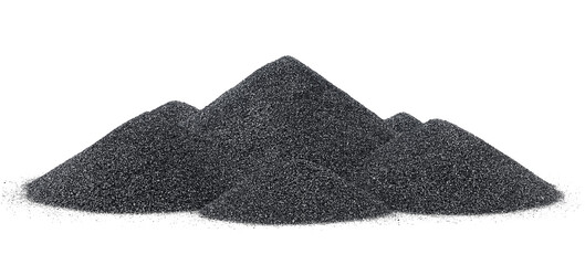 Pile of black quartz sand isolated on a white background. Crushed quartz is used in construction materials, water treatment and agriculture.