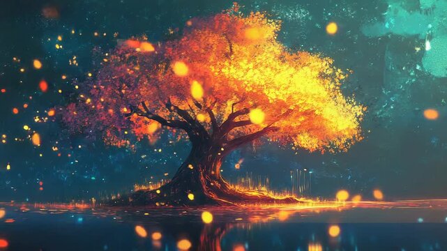 Glowing autumnal tree illuminating night with falling leaves