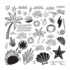 Hand drawn summer vector doodle set with palm trees, seashells, waves, sun, tropical leaves, starfish, beach holiday and ocean elements