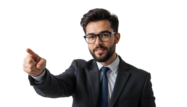 Confident businessman pointing forward with finger isolated on transparent background - Powered by Adobe