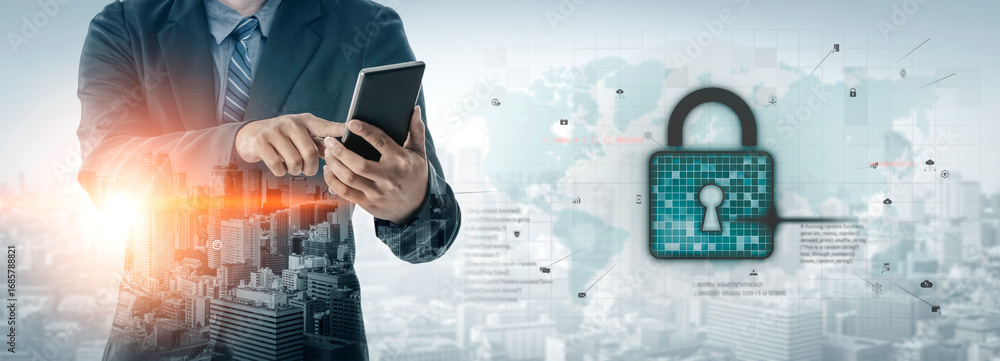 Poster cyber security protects against breaches, hacks, and network attacks using strong infrastructure and