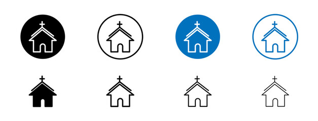 Church icons set in black and blue colors on white background