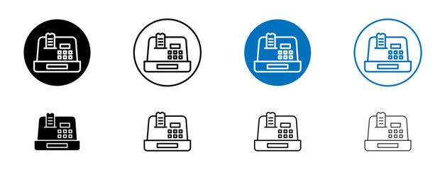 Cash register icons set in black and blue colors on white background