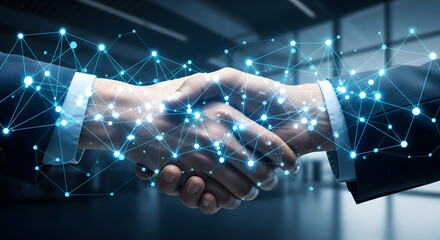 business handshake with digital network overlay