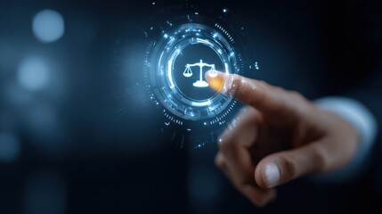 Digital representation of justice with scales symbol and a finger interacting with futuristic interface