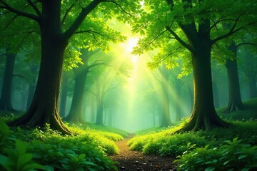 Obraz premium Lush green canopy in a vibrant forest, sunlight dappling through leaves, creating a magical, tranquil scene Perfect for nature, environment, and eco-friendly projects , botanical, growth