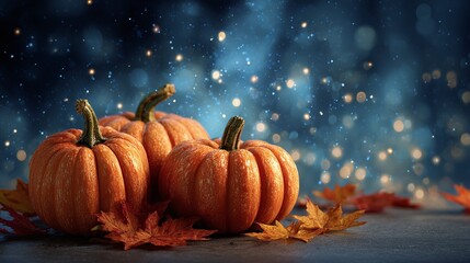 Autumn harvest: Three pumpkins amidst fallen leaves, bokeh background. Festive Halloween, Thanksgiving scene with vibrant colors. Warm, cozy, inviting mood.