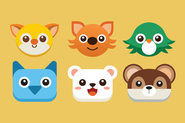 Fototapeta premium Colorful animal cartoon faces displayed on a yellow background, showing six different characters