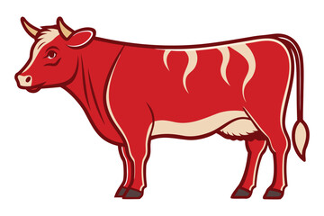 Cartoon illustration of a red cow standing on a plain background