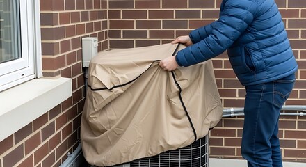 Man covers outdoor air conditioner unit with protective beige cover for winter
