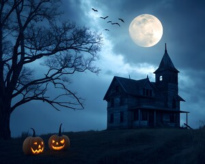 halloween zoom background and wallpaper. Creepy haunted house with jack o lanterns and full moon