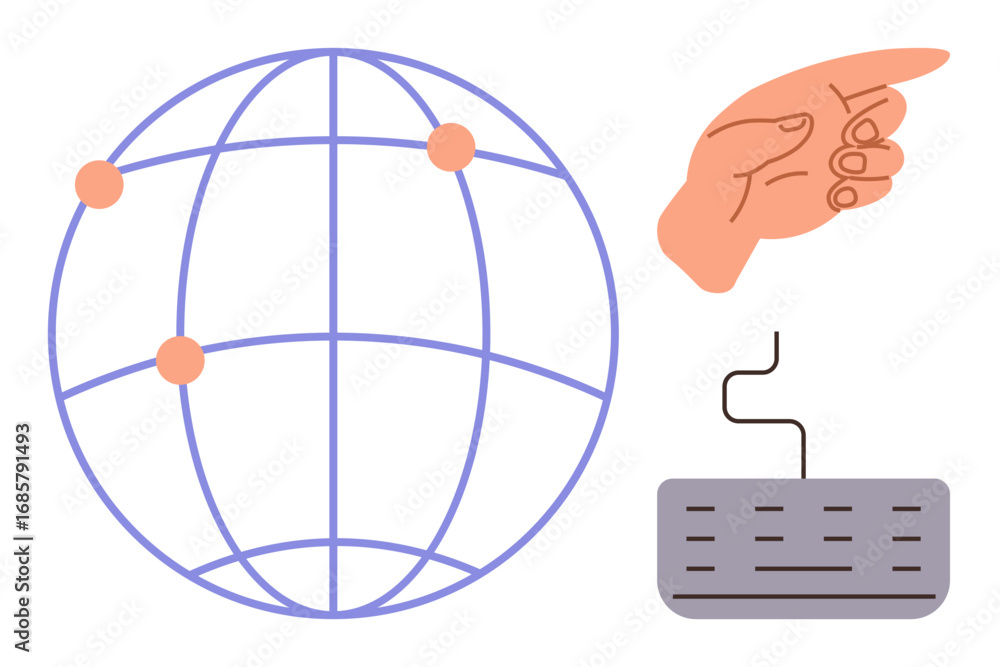 Aufkleber globe with nodes, a pointing hand, and a computer keyboard represent global communication, technolog