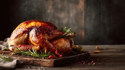 Roasted turkey on wooden board, golden brown and garnished with fresh rosemary. Rustic, warm and inviting, perfect for festive celebrations and family feasts.