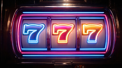 A vibrant neon slot machine that prominently features the number seven on it
