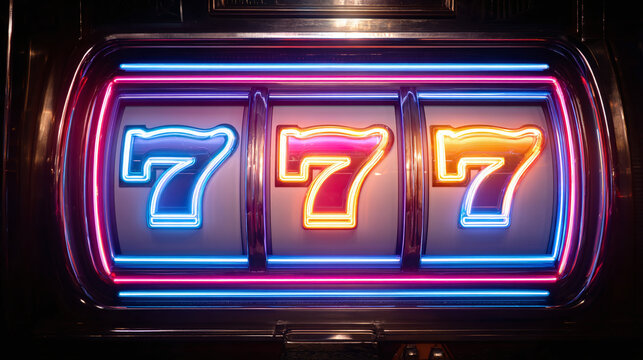 A vibrant neon slot machine that prominently features the number seven on it