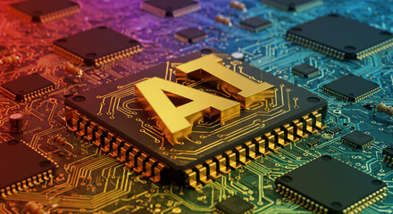 Golden AI letters gleam atop futuristic circuit board, symbolizing innovation and advanced technology