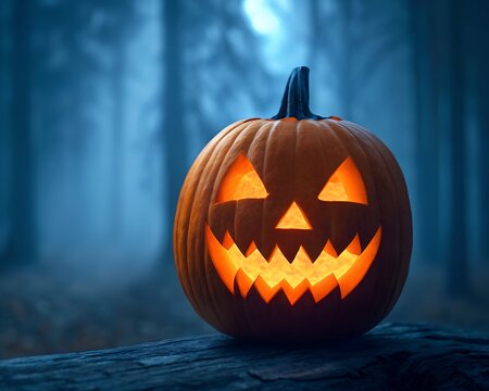 halloween zoom background and wallpaper. Glowing jack o lantern in a foggy forest halloween