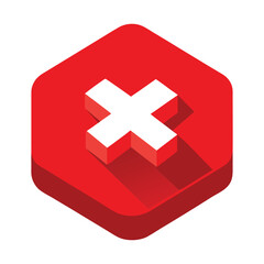 Obraz premium Red Hexagonal Icon with a White Cross Symbol and Shadow in Isometric View Keywords: cross, x, symbol, icon, red, white