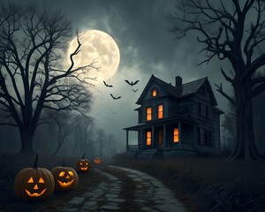 halloween zoom background and wallpaper. Haunted house and pumpkins on a cobblestone path at night