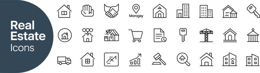 Real estate icons collection, property investment symbols, house building design set, construction illustration graphics, mortgage business, apartment development, architecture planning © Its Pro Here