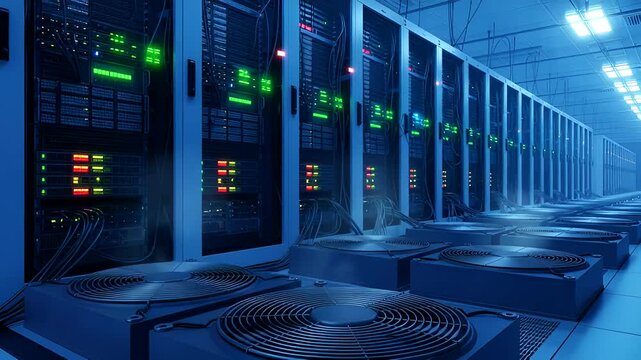 Server Room Data Center with Rows of Rack Servers and Air Conditioning Units