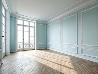 Fototapeta premium Elegant parisian apartment interior with ornate moldings and large windows casting sunlight on wooden floor