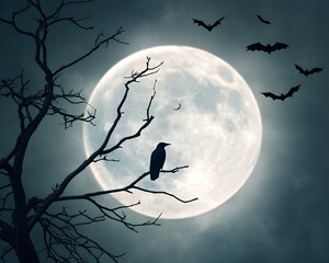 halloween zoom background and wallpaper. Spooky Night Scene with Full Moon and Bats Keywords: Halloween, night, full moon, sky, dark