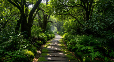 Obraz premium Tranquil Forest Path with Wooden Walkway Surrounded by Lush Greenery