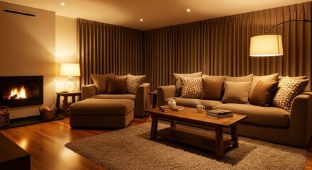 Cozy and Luxurious Living Room with Fireplace and Warm Ambient Lighting, Featuring Modern Furniture and Elegant Decor