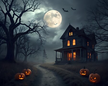 halloween zoom background and wallpaper.Spooky house with pumpkins and bats under a full moon
