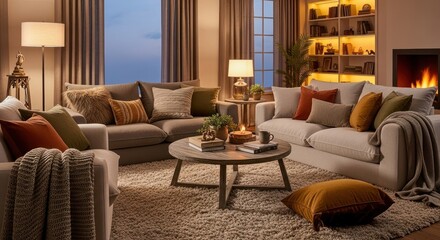Inviting Living Room Interior with Warm Lighting, Cozy Furniture, Fireplace, Bookshelves, and Evening Ambiance