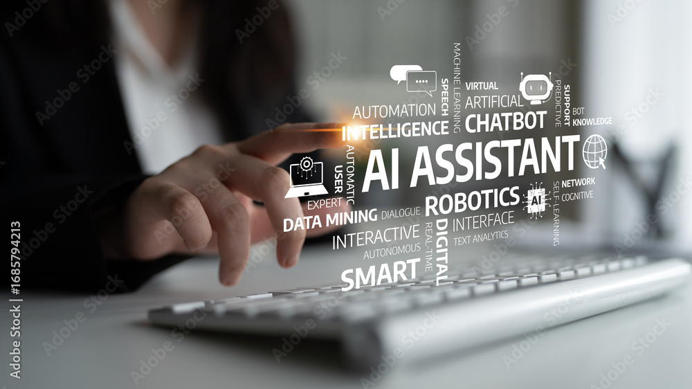 Poster a professional setting depicting the concept of an ai assistant, highlighting various elements like 
