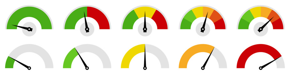 Set of colorful speedometer, gauge meter icons. Scale level of performance. Green and red, low and high barometers, dashboard with arrows. Infographic of risk, gauge, score progress.