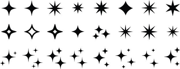 sparkle star icons, shining star vector, black silhouette sparkles, twinkle light decoration, glowing star symbols, magic sparkle illustration