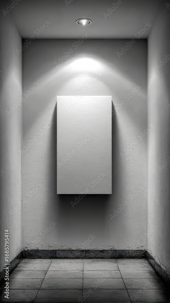 Poster illuminated art piece: a minimalist gallery space with a singular, illuminated art piece, capturing 