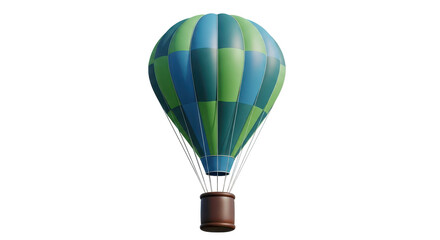 Isolated Hot Air Balloon with Green and Blue Segments, Hanging Brown Basket, Strands