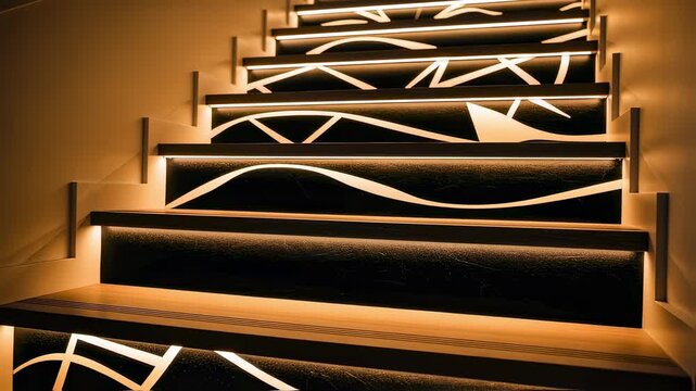 Artistic LED strip lighting patterns on stair risers adding visual interest and unique lighting effects to residential staircases.