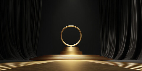 Golden circle stage podium with luxury black curtains dramatic lighting - AI generated