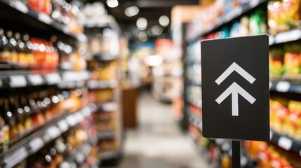 Closeup of sleek digital signage displaying aisle directions brightly with the foreground in sharp focus and shopper movement blurred behind