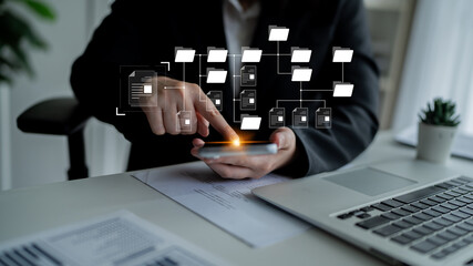 Digital file structure showing folder organization, file hierarchy, and document arrangement. File...