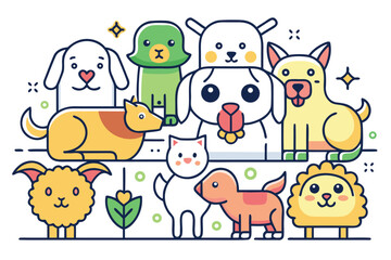 Naklejka premium Colorful collection of playful animals in a cheerful setting showcasing friendship and joy