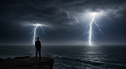 Man braving stormy seas with powerful lightning strikes symbolizing challenges and resilience.