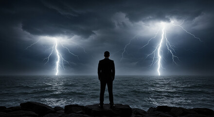 Resilient businessman braves stormy seas with lightning strikes symbolizing challenges and determination