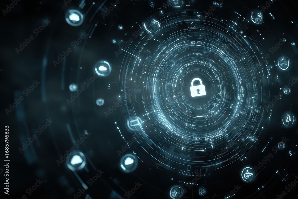 Poster Cybersecurity concepts represented through a dynamic digital environment featuring locks, data streams, and various network symbols in a futuristic design