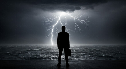 Resilient businessman confronts storm's fury, symbolizing challenges and strength in the face of adversity.