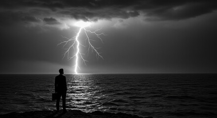 Determined businessman facing stormy seas and dramatic lightning strike symbolizing challenge and resilience